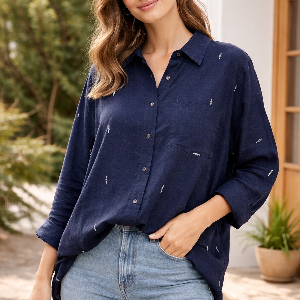 ZARA Basic Navy Embroidered Button Down Shirt Long Sleeve Women’s Large